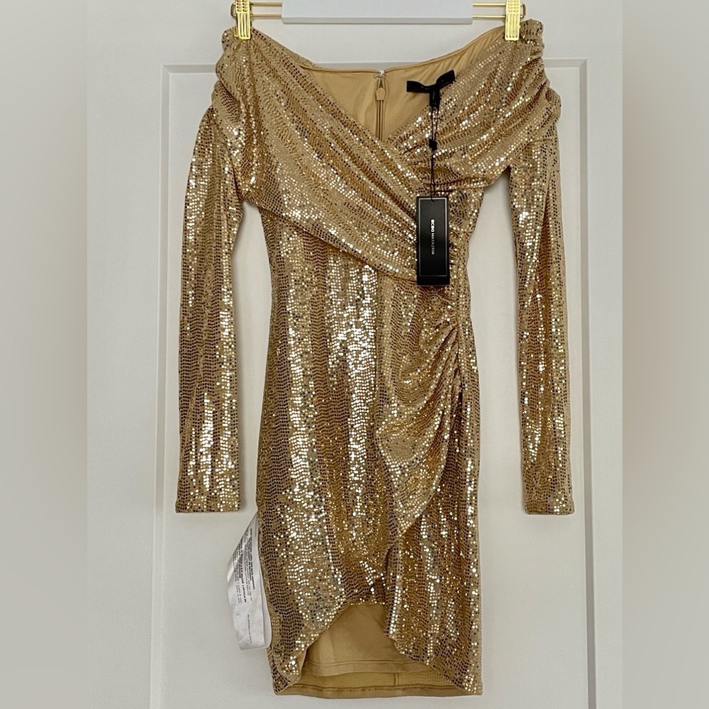 NWT BCBG gold luxe sequined mini wrap off on shoulder empire bandage fit long sl